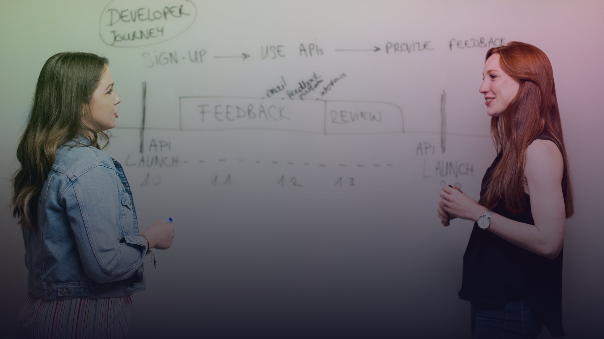 Zwei Frauen besprechen einen Entwicklungsablauf an einem Whiteboard.