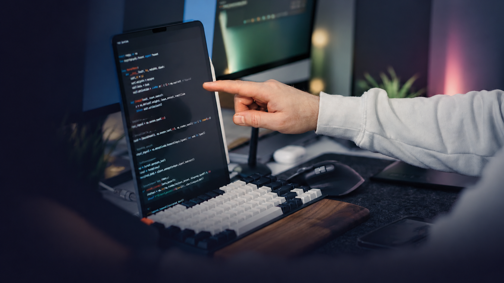 Close-up: a hand points at a laptop screen showing source code, with additional monitors displaying interfaces in the background