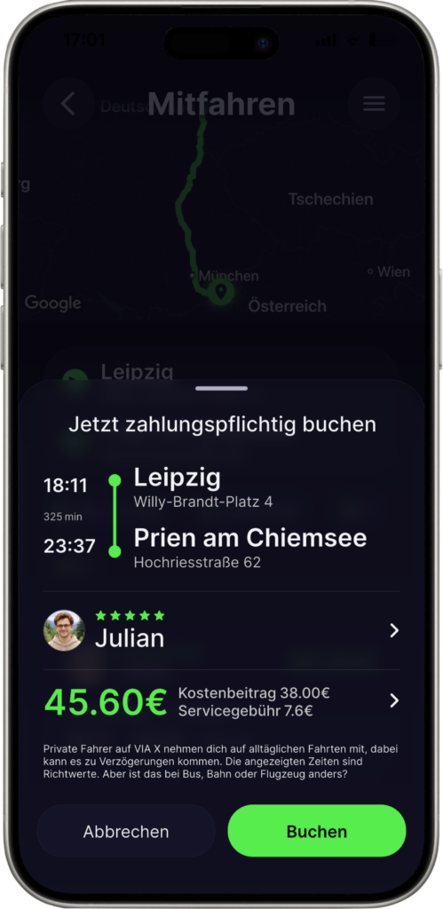 App view of a shared ride booking with route, provider and price.