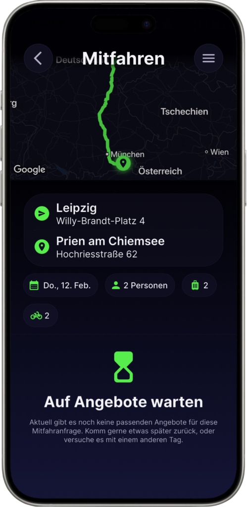 App view of a ride request with origin, destination and status.