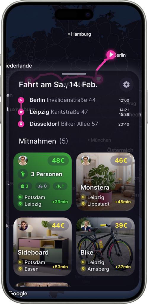 App view showing a route with matching shared trips.