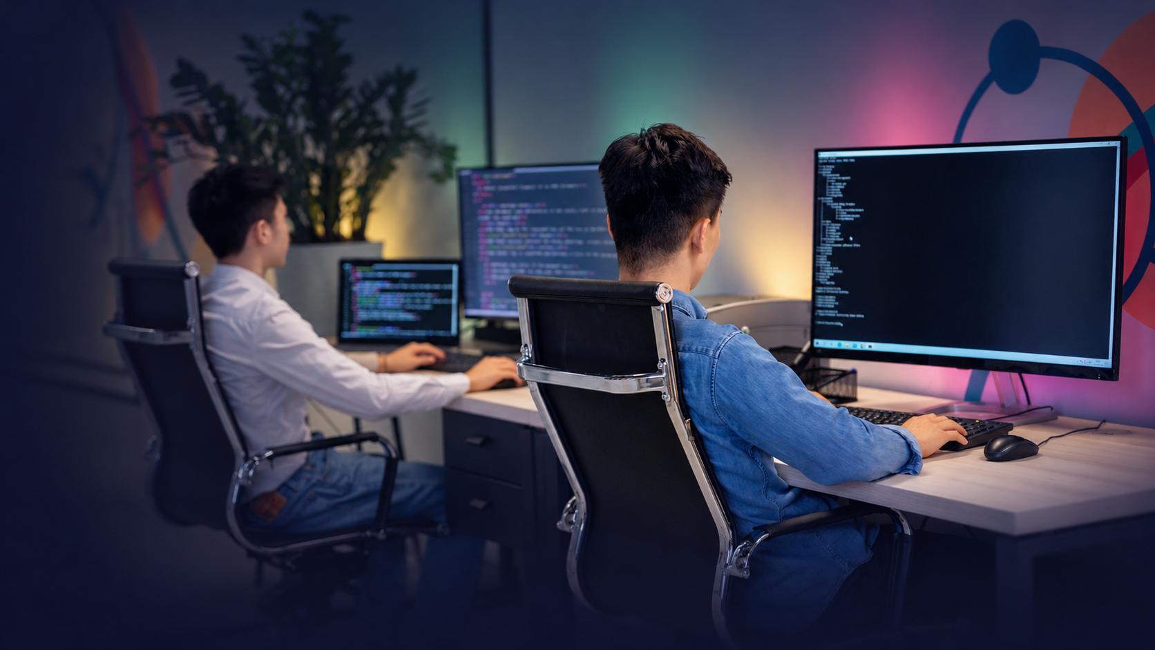 Two developers working at multiple screens in an office.