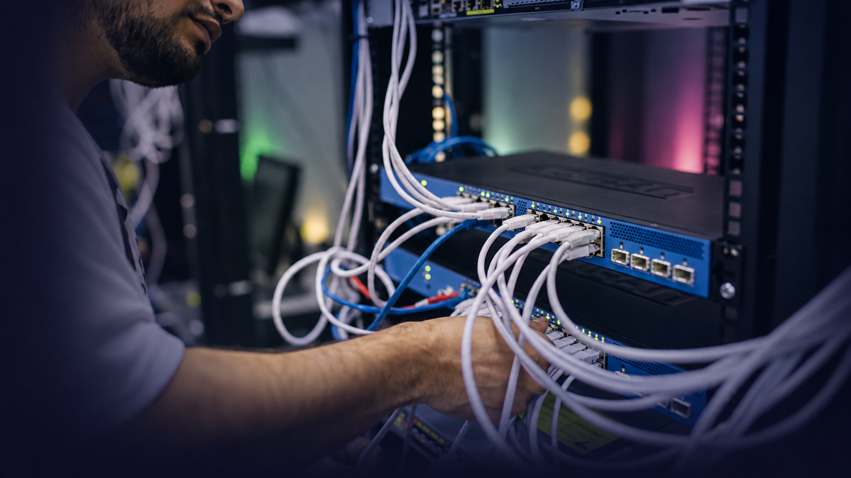 Ein Techniker arbeitet an den Netzwerkverbindungen eines Server-Racks.