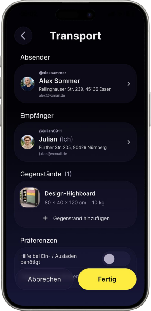App view for entering sender, recipient and the item to transport.