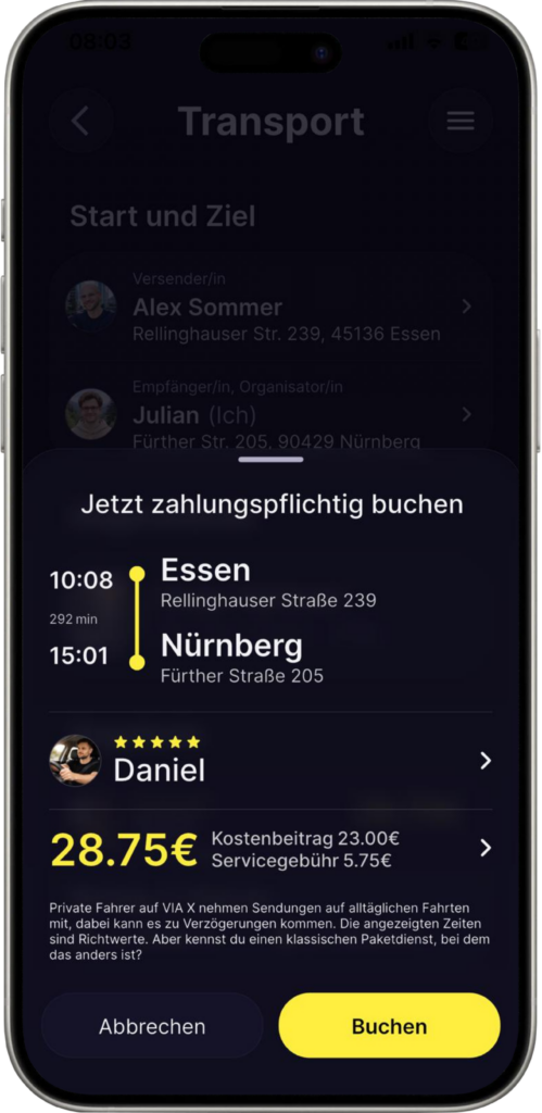 App view of a transport booking with route, provider and price.
