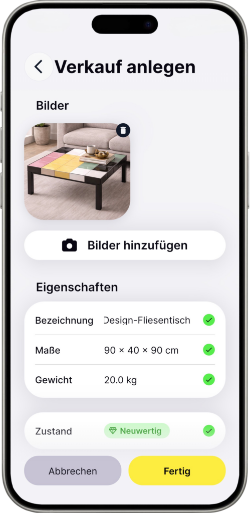 App view for creating a listing with photos, properties and condition.
